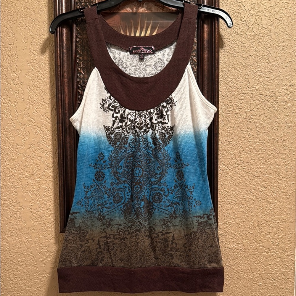 Gently worn Almost Famous Brown & Turquoise Top with Graphic Design.  Large.